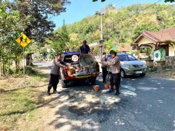 Wujud Kepedulian, Polisi Perbaiki Jalan Berlubang di Trenggalek