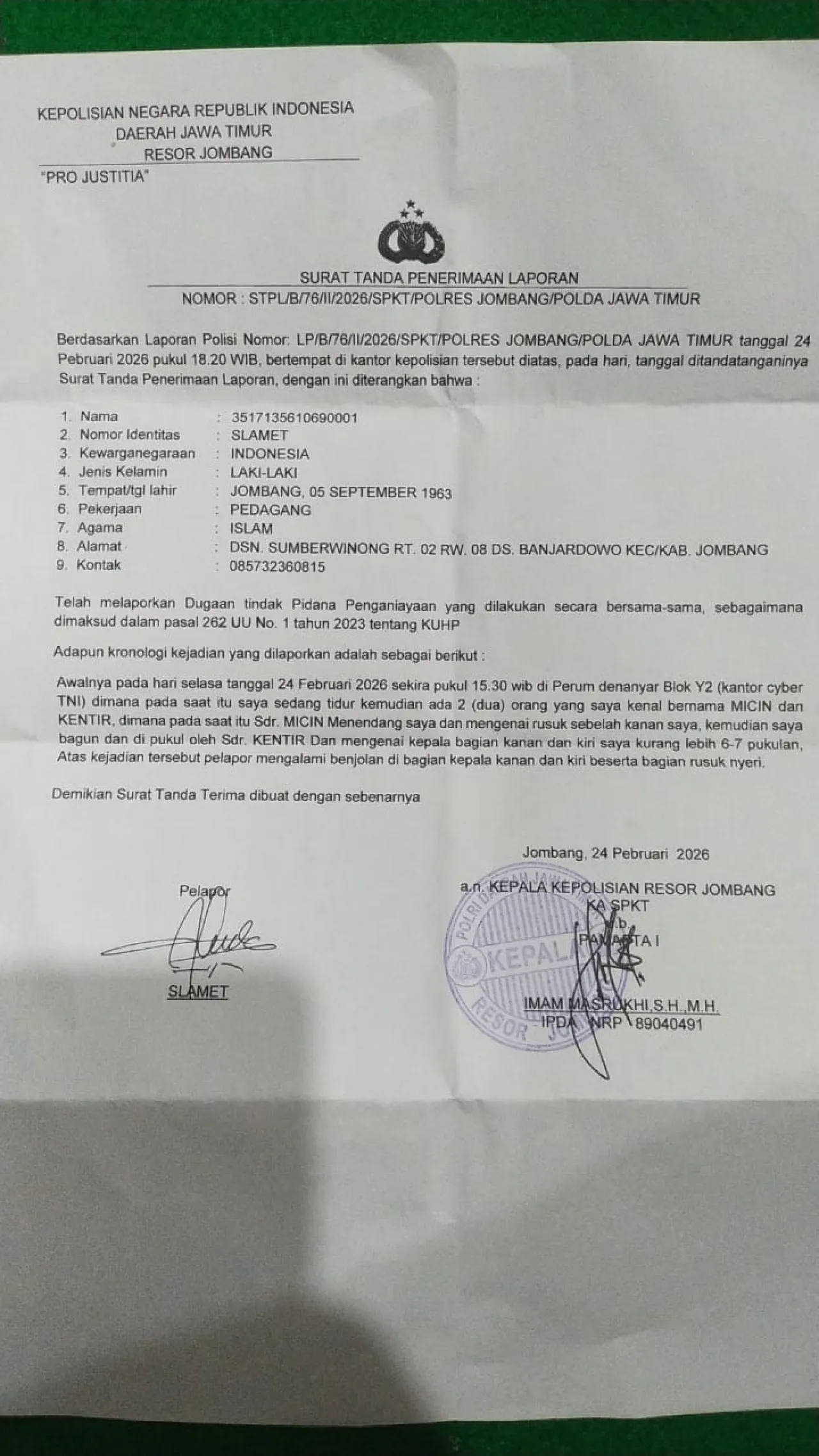 Wartawan di Jombang Diduga Jadi Korban Penganiayaan, Kasus Dilaporkan ke Polisi