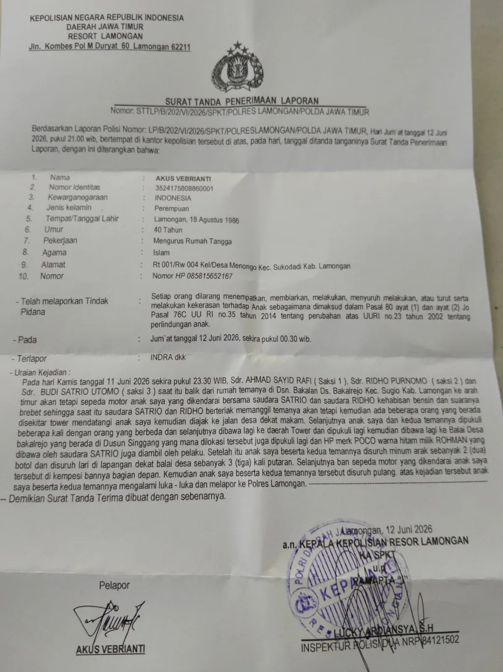 Korban Penganiayaan Dan Di Fitnah Melakukan Pelecehan Lapor Balik Ke Polres Lamongan Seret Oknum Penjual Miras 